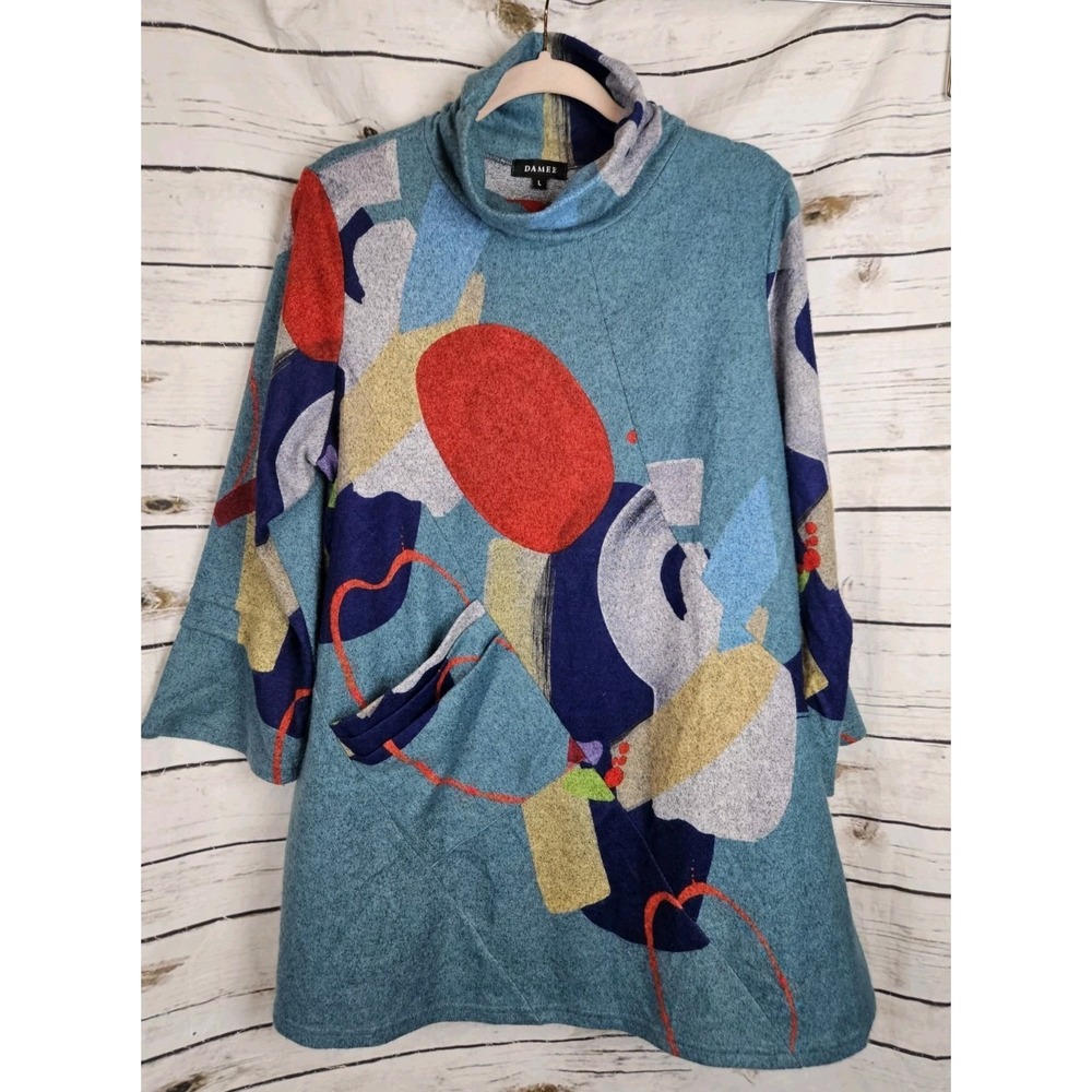 Damee Artsy Fleece Knit Tunic Top L A-Line Mock Neck Pocket Lagenlook Womens